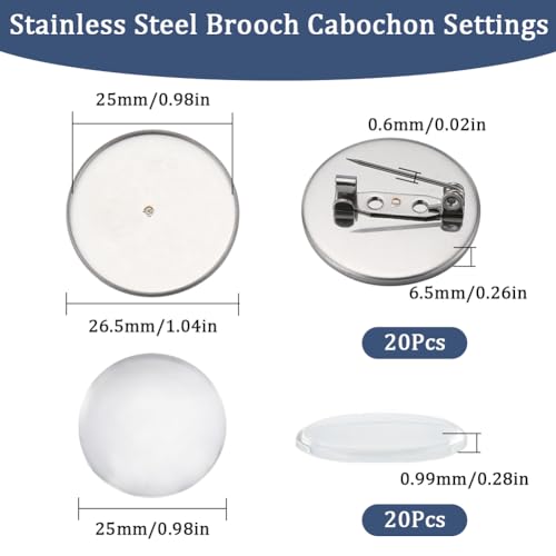 SUNNYCLUE 1 Box Cabochon Bezel Settings Stainless Steel Lapel Pin Blanks 20Pcs Round Cabochon Tray Brooch Blanks 20Pcs Clear Glass Cabochons Badge Brooches Making Kit for Crafts Memorial Photo - Image 2