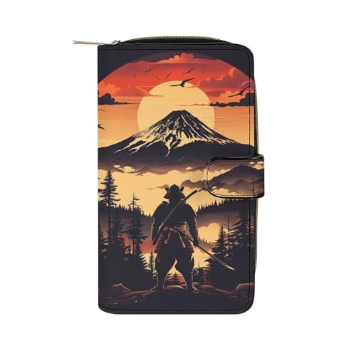 Japanese Samurai Forest Leather Wallets,Long Wallet Purse,Slim Thin Leather Bifold Card Holder Wallet,Adjustable Buckle,Multi Cards Case,Large Capacity - Main Image
