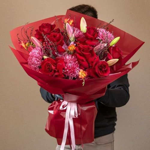 Image of Oasis Frosted Red Bouquet Wrapping Roll Premium Korean Style Flower Wrap for Fresh Flowers & Gift Packaging Florist Essential Supplies 60 Micron 25 Meter Long