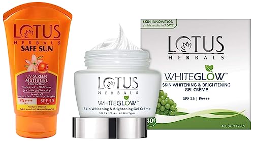 Image of Lotus Herbals Whiteglow Skin Whitening And Brightening Gel Cream For All Skin Types, Spf-25, 40G And Safe Sun UV Screen Matte Gel, Spf 50, 100G, Pack Of 1