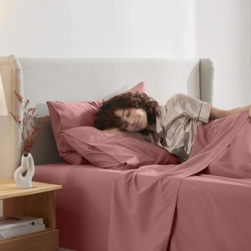 Image of Nestl Twin Bed Sheet Set - Pink Clay - 3-Piece Deep Pocket | Instantly Soft, Night-One Ready (No Wash Required). Fits 16-Inch Deep Pockets, 360-Degree Elastic Grip