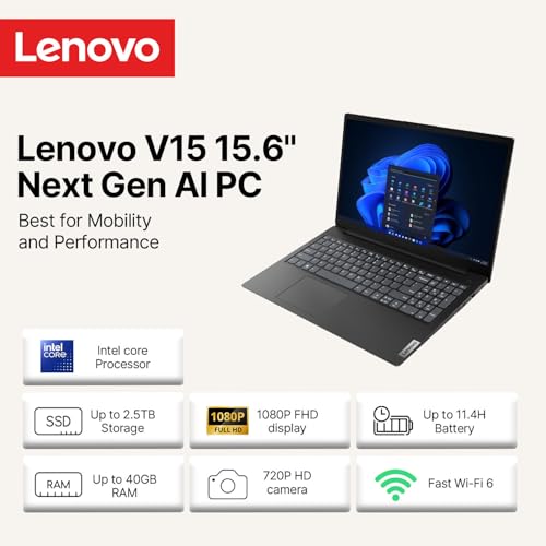 Image of Lenovo V15 Laptop for Student & Business | 2026 Edition | Intel Quad-Core Processor | 15.6 inch FHD 1080p Display | 12GB RAM | 256GB PCIe SSD | Windows 11 Pro | Ethernet RJ-45 | Lightweight & Portable