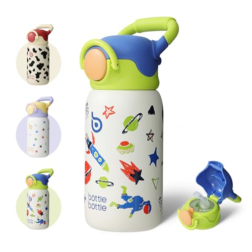 BOTTLE BOTTLE Izolowana butelka na wodę dla dzieci ze słomkową pokrywką i uchwytem, 470 ml, próżniowy kubek ze stali nierdzewnej, butelki na wodę do szkoły, na zewnątrz, prezenty podróżne dla chłopców