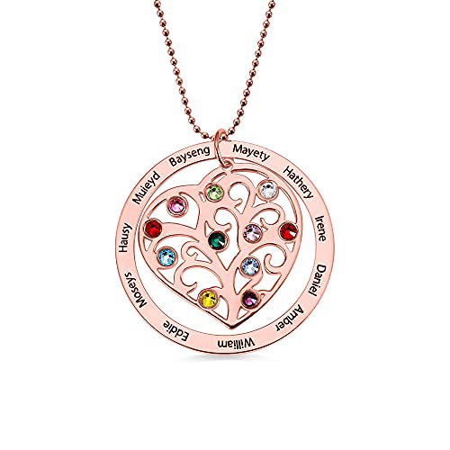 Family Tree Necklace Tree of Life Pendant Mom Grandmother Gift - Birthstone Necklace Grandma Necklace Personalized 1-11 Birthstones & Names2