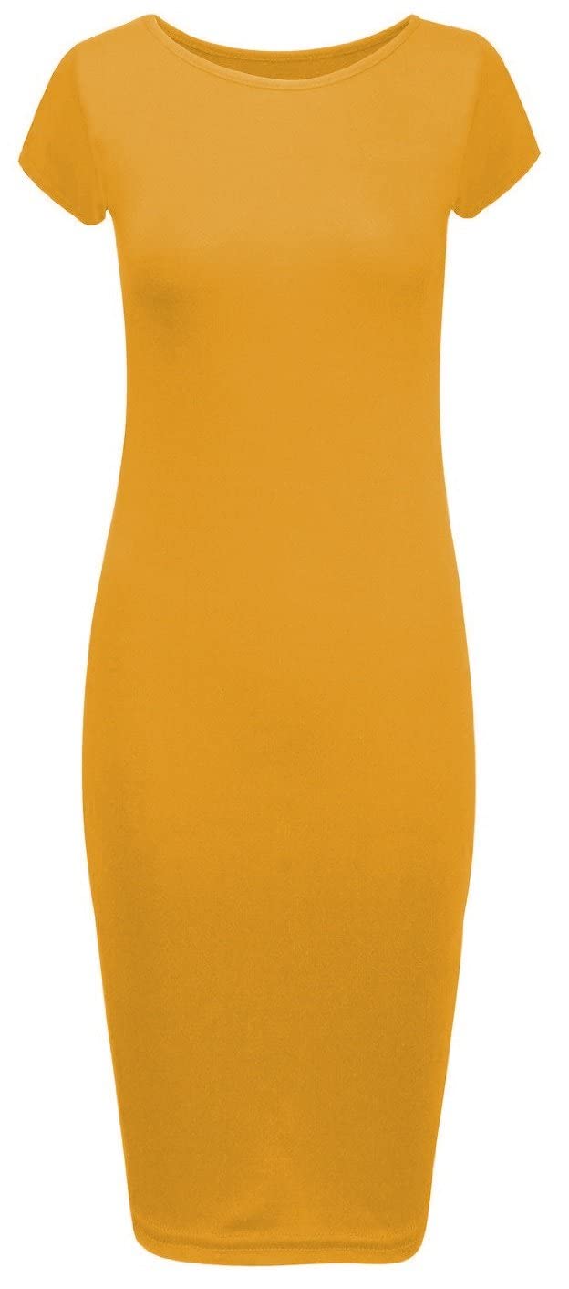 Crazy Girls Girls Mustard Plain Crazy Womens Cap Sleeve Stretch Bodycon Wiggle Pencil Long Midi Dress 8-22 (M/L-Uk12/14, Mustard)
