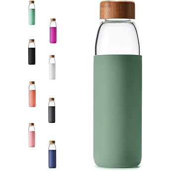 purifyou 40/32/22/12 oz Glass Water Bottles, Reusable with Time & Volume Markings, Non-Slip Silicone Sleeve, Stainless Steel Lid, for Water, Milk & Juice (12oz OceanMist)
