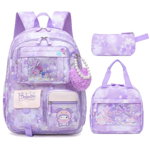 Lovely Girls Backpack School Bag for Students Kids Book Bag with Multiple Pockets Splash-proof Childrens Backpack17inch Set Purple