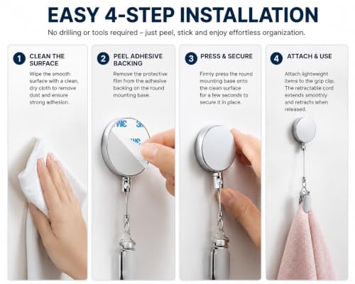 Image of Stainless Steel Retractable Towel Holder Clip with Self Adhesive Wall Mount - Punch Free Dish Cloth Hanger with 60 cm Pull Cord for Kitchen Bathroom Hand Towels, Rags & Cleaning Cloths