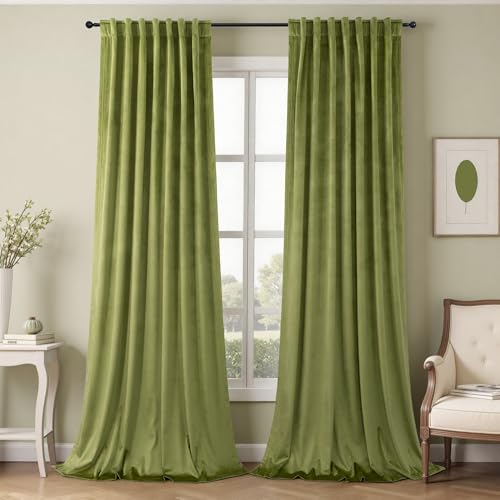 Avocado Lime Moss Green Curtains 108 Inches Long for Living Room Patio Door 2 Panels Luxury Velvet Room Darkening Floor Ceiling Drapes Thermal Insulated Curtain for Bedroom Earthy Room Decor Aesthetic