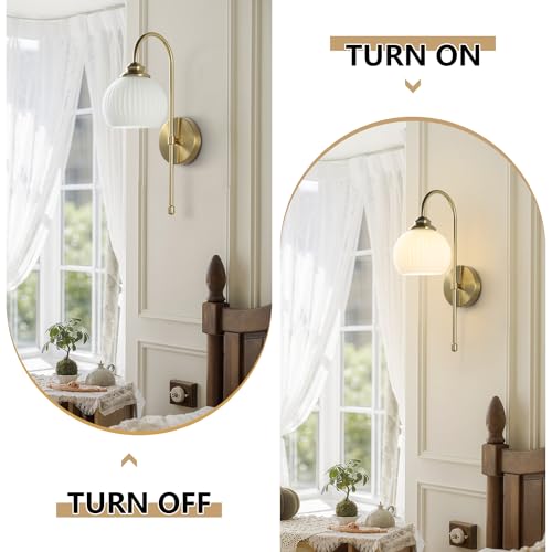 Image of KCO Lighting Gold White Cordless Wall Sconces Mid Century Modern Bedroom Sconces Set of 2 Milk Glass Wall Lamps Antique Brass Wall Light Set of Two Retro Bathroom Vanity Light Fixtures