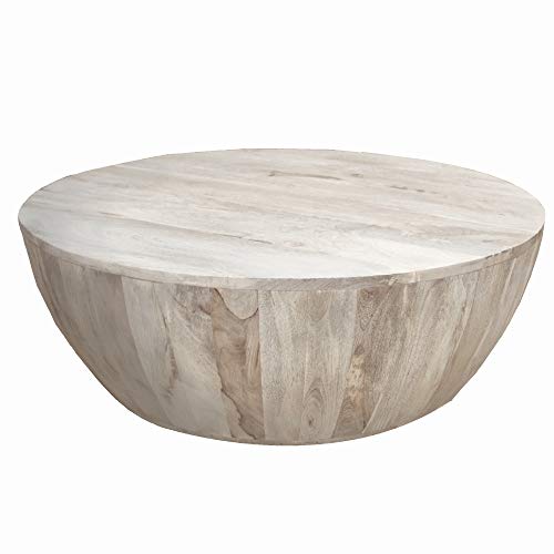 The Urban Port 12-Inch Height Round Mango Wood Coffee Table, Subtle Grains, Distressed White #TOP3
