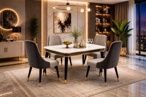 Image of WOODEN SPACE Majestic 4 Seater Wooden Dining Table Set | Urban Marble Top Dining Table with Chairs for Dining Room & Kitchen (Modern Vento Dark Grey) (54 x 36 x 30 inch)