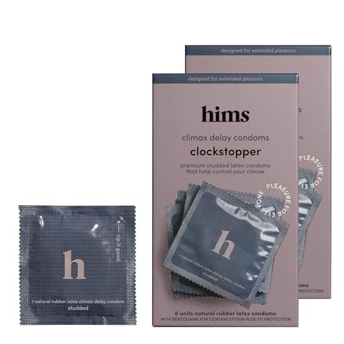 HIMS Clockstopper Climax Delay Condoms - Benzocaine 4.5% Desensitizing Lubricant - Textured, Fragrance-Free Latex Condoms for Men - Comfortable Fit - Individually Packaged, 16 Count