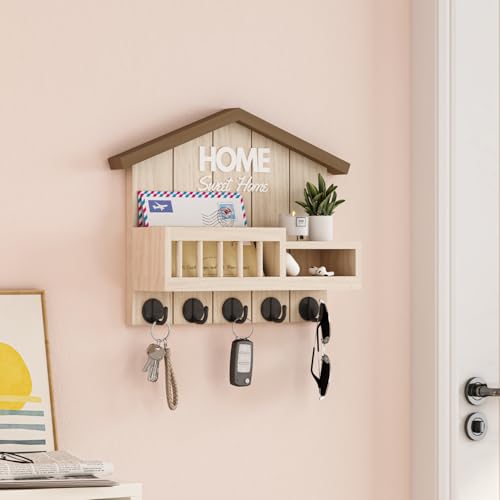 Key and Mail Holder for Wall, Wall Key Holder with Shelf, Home Key Holder for Wall, Wood Key Holder Wall Mount, Mail Organizer Wall Mounted, Entryway & Front Door Key Holder with 5 Hooks(White) - Image 5