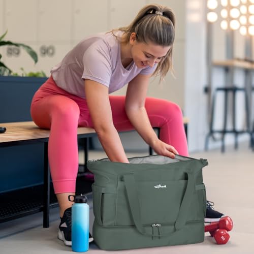 Image of ETRONIK Gym Bag for Women, Travel Duffel Bag with Shoes Compartment, Weekender Bag, Dark Green, Large
