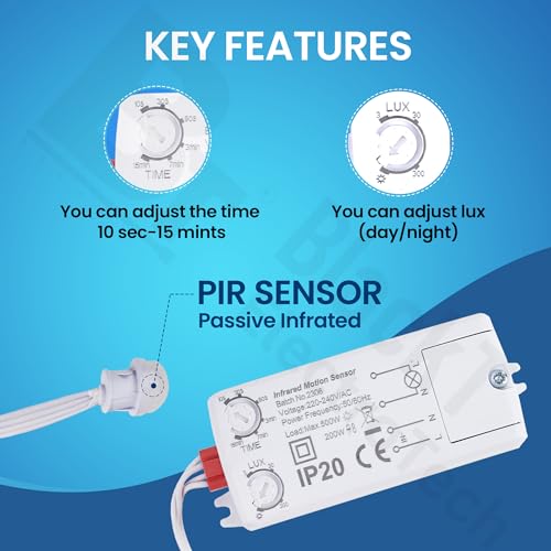 Blackt Electrotech (BT32WI): 230 Volt PIR Motion Sensor Energy Saving Sensor with Portal Wire Lux and time Adjustment White
