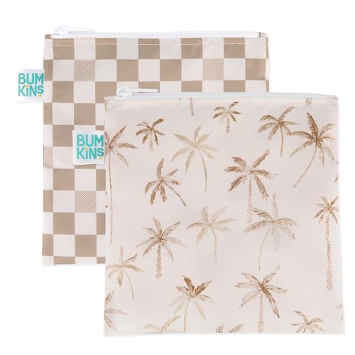 Bumkins Reusable Sandwich and Snack Bags, for Kids School Lunch and for Adults Portion, Washable Fabric, Waterproof Cloth Zip Bag, Travel Pouch, Food-Safe, Large 2-pk Palm Trees, Check by Bumkins - Used condition - US$10.11