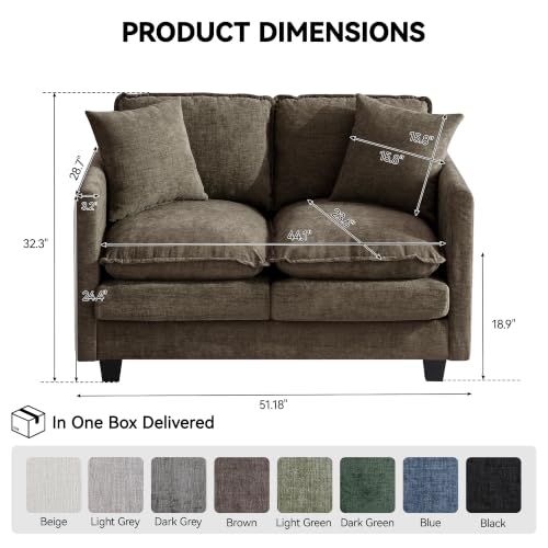 Image of 51'' Cloud Loveseat Couch, Love Seats Cloud Sofa with 2 Throw Pillows, Modern 2 Seater Sectional Couches with Deep Seat, Modular Sofas for Living Room, Bedroom, Small Apartment, Brown