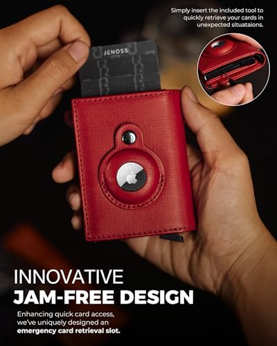 Image of Jenoss Smart AirTag Wallet for Men & Women: Full Grain Leather, Black Pop Up Case, Slim, RFID Blocking, Credit Card Holder Apple Air Tag Tracker Trifold Minimalist 12 Slot ID (Red & Black)