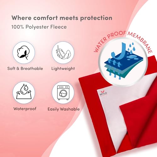 Image of Mylo Baby Waterproof Mattress Protector for Baby (0-3 Years), Extra Absorbent, Soft and Reusable Quick Dry Sheets (Medium, 100cm x 70cm, Red)