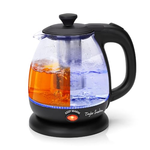 Taylor Swoden Small Electric Kettle， Keep Warm Glass Kettle with Filter Tea Infuser， 2200W 1L Black Cordless Water Tea Kettle for Home and Office - Abel 30A59