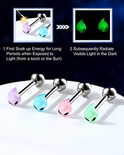 Melighting 4Pcs Tongue Rings 14G Tongue Piercing Jewelry Glow In The Dark Teardrop Tongue Jewelry Stainless Steel Tongue Bars For Women Body Piercing Jewelry #TOP1