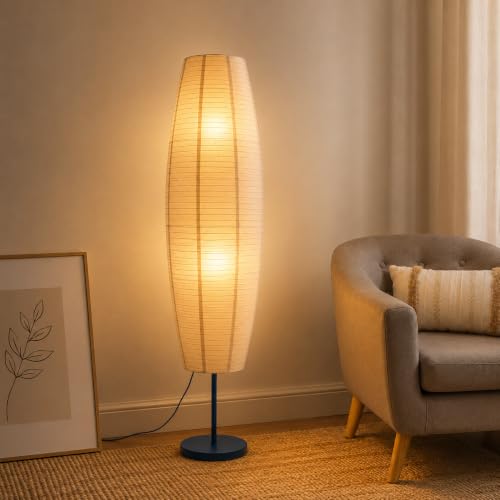 Image of XERGY Minimalist Modern Rice Paper Floor Lamp | Elegant Design | 2, E27 Bulb Socket | Stable Heavy Base for Bedroom, Office & Living Room Decor (Height- 145cm, Bulb Not Included)