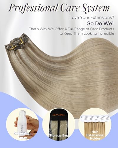 Image of Full Shine Highlight Clip in Hair Extensions Human Hair, 18 Inch 135g 7Pcs | Caramel Latte Rooted Blonde Remy Hair Extensions Clip ins, Seamless Weft for Natural Volume, Daily Styling