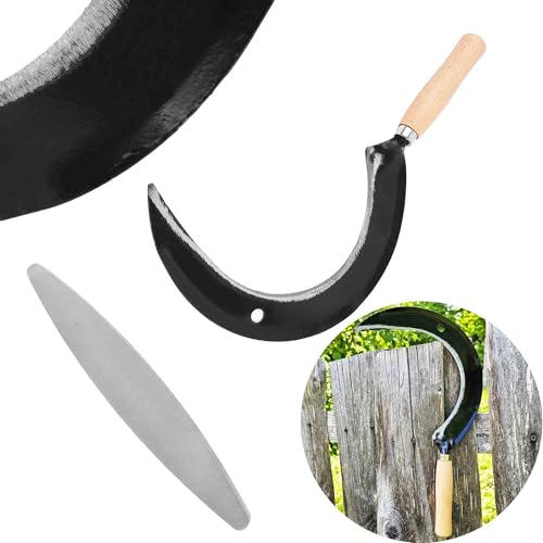 Bauster® Set de faucilles de qualité supérieure avec pierre à aiguiser, sickle tranchant, 35 cm, petites fausses fauces, tondeuse, coupe-herbe, manche en bois, faucille forgée pour tondre l'herbe