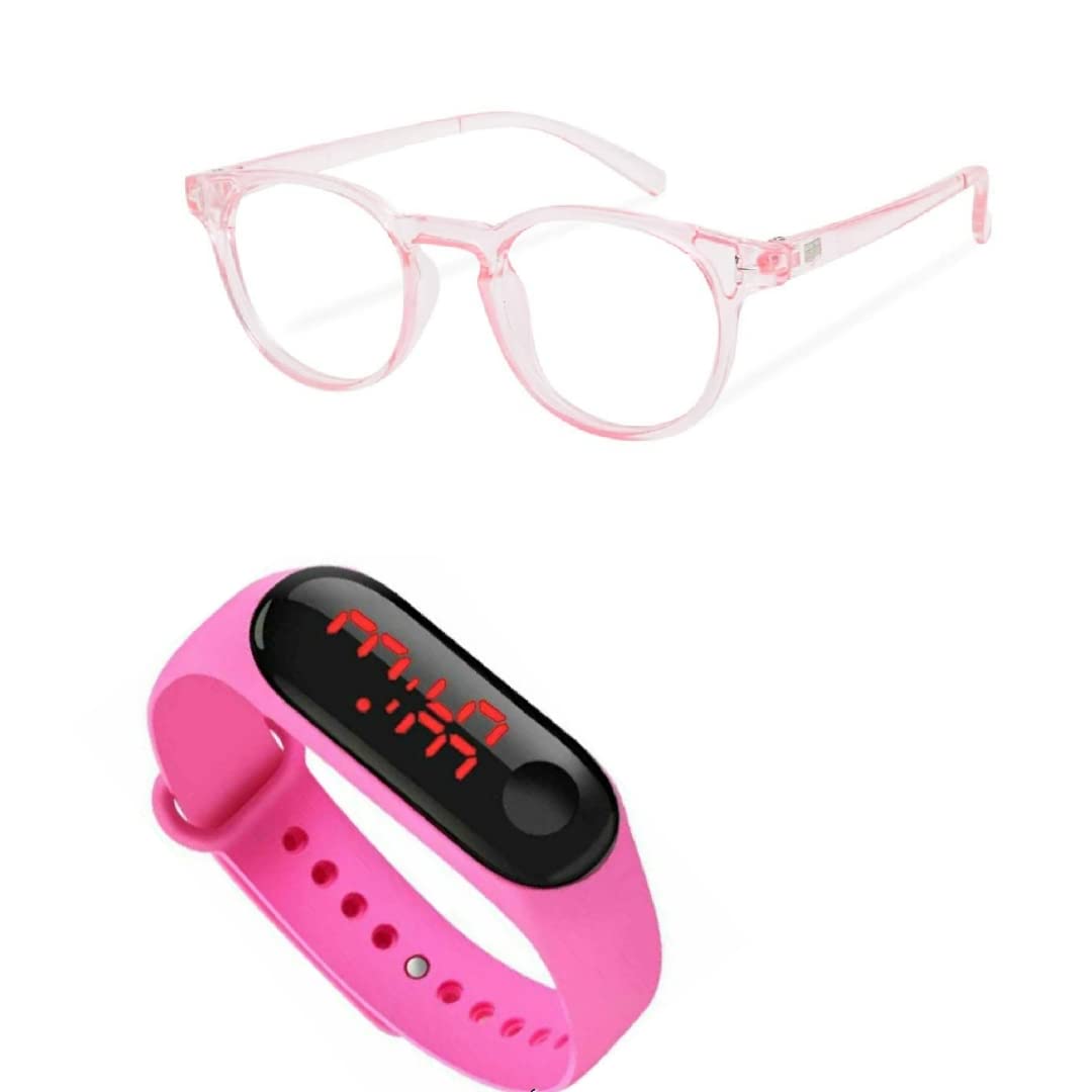 Combo Pack of Round Shape Pink Anti Glare Lens Sunglasses and Pink Digital Display Watch For Girls-picture-48