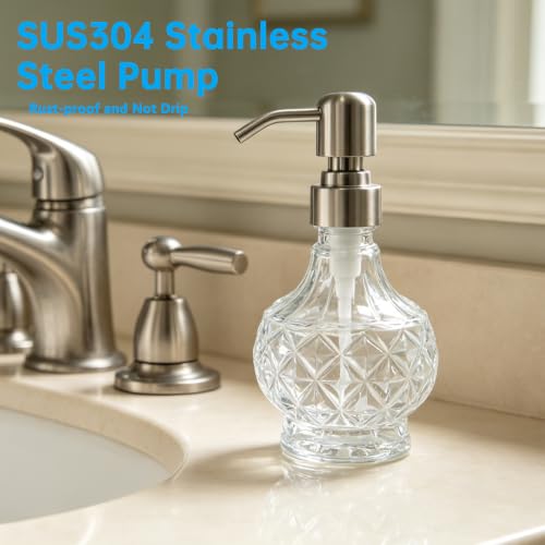 Image of Glass Soap Dispenser Embossed Diamond Bottle, Brushed Nickel Pump