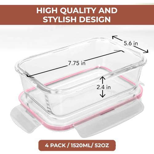 Image of Razab 6.5 Cups / 52 Oz 4 Piece (2 Containers + 2 Lids) Glass Food Storage Containers Set with Airtight Locking Lids - For Storing, Baking & Serving BPA Free, Leakproof - Microwave, Freezer & Oven Safe