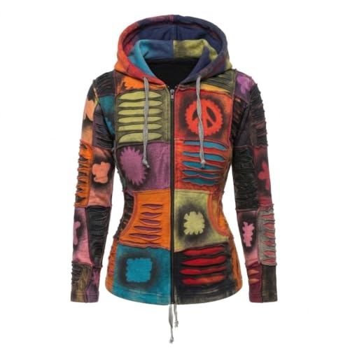 Image of Shopoholic Fashion Slashed Patchwork Pixie Hippie Hoodie Jacket for Women, Lightweight Zip Up Sweater Cardigan