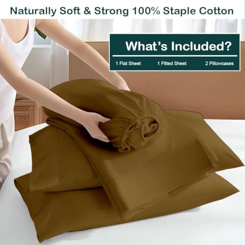 Image of NON Sticky cotton Premium 4 Piece Egyptian Cotton Fitted Queen Sheet Set, Hotel Quality Soft Breathable Bedding Sheets, 12 inch Deep Pocket, 60 inch X 80 inch, Taupe Solid