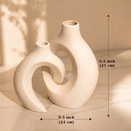 Image of Art Street Knot Norma Double Ceramic Vase |Modern Geometric Shapes |White Decorative Flower Pot for Home| Living Room, Bedroom, and Office Decor|Vase for New Year, Christmas Decor| Size (8x7 Inch)