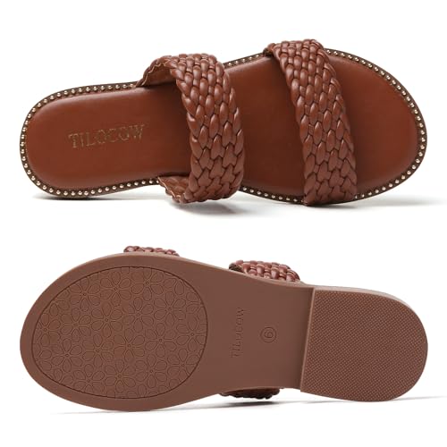 Image of Tilocow Women's Flat Sandals Two Strap Summer Dressy Studded Slide Sandals Open Toe Cute Casual Slip on Comfort Shoes for Beach Travel Daily Wear