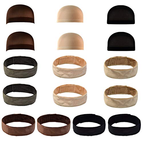 Yookat 16 Pieces Velvet Wig Grip Band Wig Caps Set 10 Pieces Velvet Wig Band Wig Grip Headband Adjustable and 6 Pieces Stocking Wig Caps for Women and Men