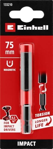 Einhell Original Magnetic Impact Bit Holder with 1/4" Shank E 6.3 75mm (Chrome Vanadium, Torsion Zone, Stainless Steel Socket, Permanent Magnet, Red Ring)