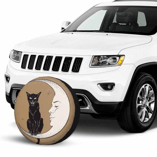 Image of Black Cat Moon Spare Tire Cover for RV Trailer Halloween Magical Cat Wheel Protectors Weatherproof Polyester Tire Case for All Cars SUV Camper Travel 15 inch