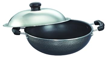 Prestige Omega Select Plus Aluminium Non-Stick Round Base Kadhai with Lid, 20 cm, Black