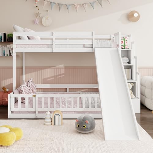 Image of YOPTO Twin Over Full Bunk Bed with Slide,Storage Staircase & Safety Guardrails,Wooden Bunk Bed w /Slat Support,Space Saving,Bedframe Furniture for Student Dorms,Studio,White