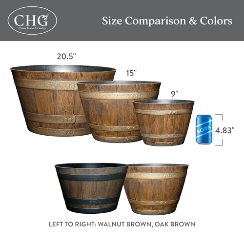 Classic Home and Garden Whiskey Barrel Planters - Home Flower Planter Pot - Decorative Garden Pots - Indoor & Outdoor Resin Planters - Weather-Resistant Planting Pots (15" Oak Brown, Pack of 1)