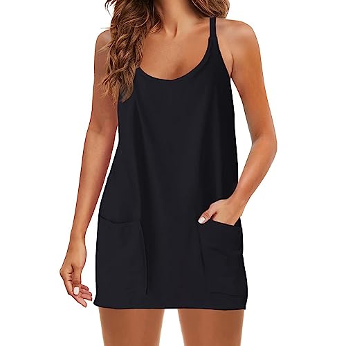 Sun Dresses For Women 2023 Casual Summer Sleeveless Mini Dress V Neck Spaghetti Strap Athletic Short Dress With Pockets Black #TOP1