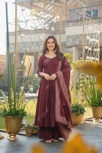 Image of ANNI Designer Women's Viscose Blend Umbrella Style Printed Kurta Palazzo with Dupatta | Elegant Kurta Set for Women | Stylish Palazzos & Dupatta Set | Ethnic Wear for Women