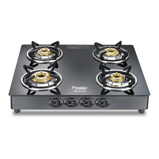 Prestige Marvel Plus 4 Burner GTM 04 SQ Glasstop Gas Stove|Superior Toughened Glass|Jumbo Brass Burner|360 Degree Revolving Nozzle|Spill Proof Design|5 Years Warranty on Glass|Black