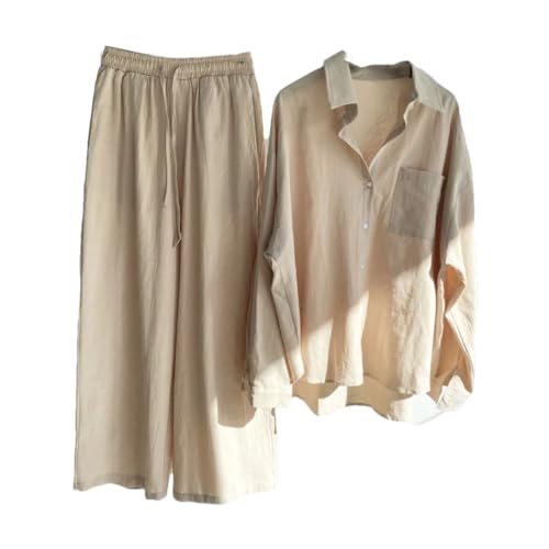 Women Loose Solid Color Cardigan Shirt Wide Leg Pants 2-Piece Set of Retro Cotton Linen Shirt High Waist Long Pants