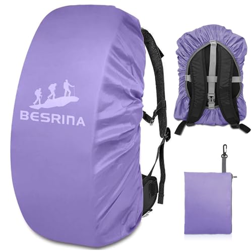 Besrina Copertura antipioggia per zaino (15-90 l), cinturino antiscivolo con fibbia incrociata e copertura impermeabile riflettente per escursionismo, campeggio, viaggi, ciclismo, Viola, S:15-30L