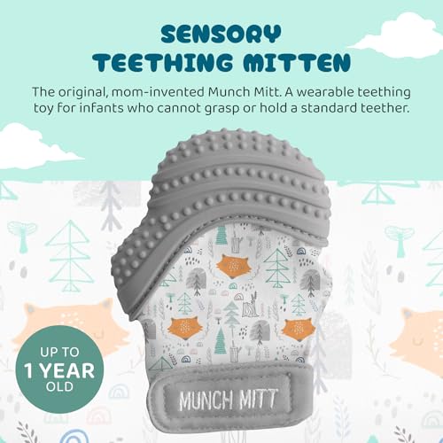 Image of Malarkey Kids Patented Teething Mitten, Munch Mitt Baby Chew Toy - Protects Hands from Chewing & Saliva, Heals Aching Gums, Promotes Sound & Visual Stimulation for Babies - Grey Fox