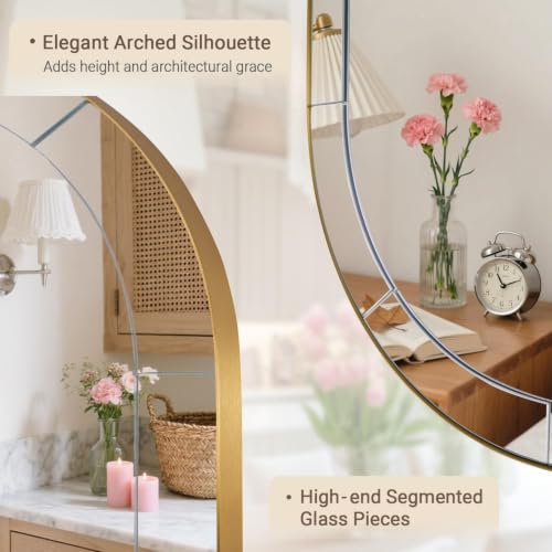 Image of MOON MIRROR Arched Mirror for Bathroom, Bathroom Mirrors for Over Sink, 24x36 inch Brushed Gold Non-Rusting Vanity Mirror in Brass Stainless Steel Metal Frame