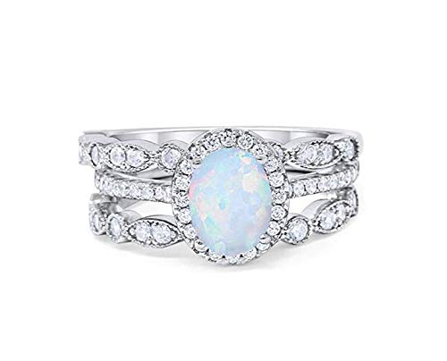 Blue Apple Co. 3-Piece Halo Art Deco Wedding Engagement Ring Band Oval Created White Opal Round Cubic Zirconia 925 Sterling Silver Size-7